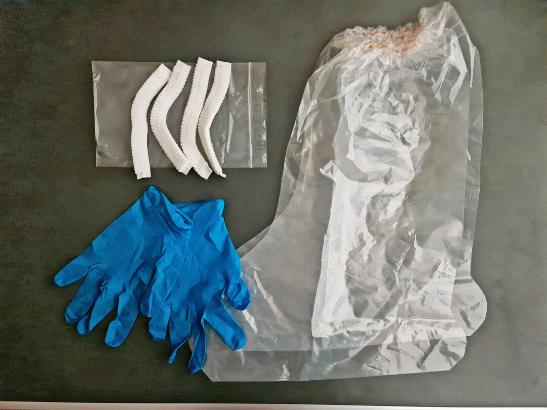 Inhalt eines Probenkits für eine professionelle Probenahme: Nitrilhandschuhe, Einwegstiefel (rechts) und Haarschutzhäubchen. Die Einwegstiefel werden erst beim Betreten des Tierstalls mit den Einweghandschuhen übergezogen. Außerhalb des Stalls besteht die Gefahr, dass sich außerhalb des Tierbereichs Salmonellen anhaften. Auch sollte keinesfalls mit bloßen Händen gearbeitet werden, da auch hier Salmonellen anhaften könnten.