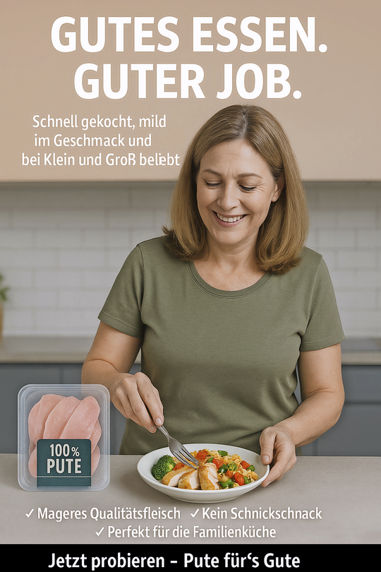 Ein Beispiel fr ein KI-generiertes Bild. Die Aufgabe fr die KI war, Werbung fr den Konsum von Putenfleisch zielgruppengerecht zu entwerfen.