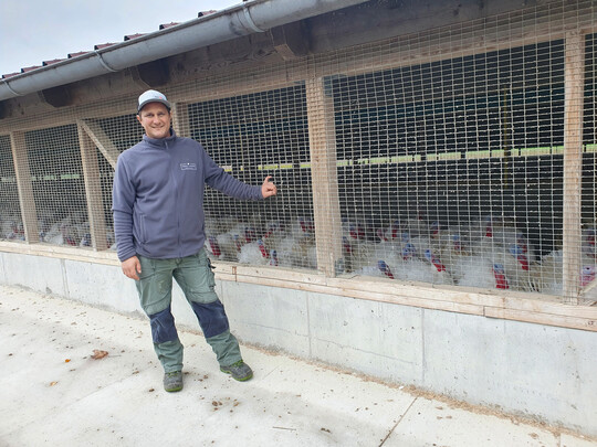 Ernst Linder vor seinen Jalousienställen. Im Jahr 2021 baute er an den ersten seiner Mastställe den Wintergarten an.