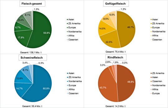 Abbildung 5: Der Anteil der Kontinente an der Veränderung der Weltfleischerzeugung zwischen 2000 und 2023, getrennt nach Fleischarten.