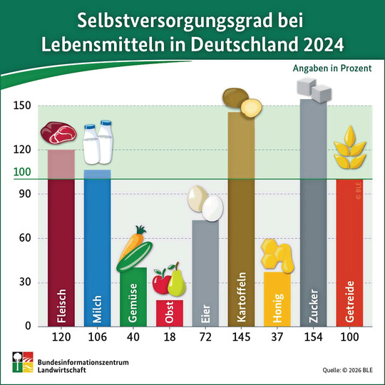 Die Grafik macht zugleich die gro�e Spannweite zwischen einzelnen Produktgruppen sichtbar. W�hrend Zucker mit 154 % und Kartoffeln mit 145 % deutlich �ber dem rechnerischen Inlandsbedarf liegen, bleibt Deutschland bei Obst mit 18 % und Gem�se mit 40 % stark auf Importe angewiesen. Beim Gem�se wurde 2024 erstmals seit der Jahrtausendwende wieder die Marke von 40 % erreicht.