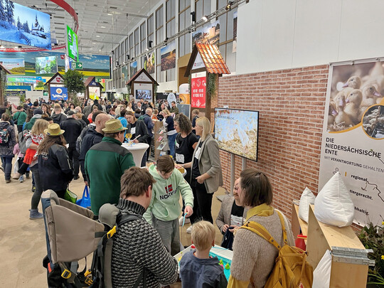 Die Mitglieder der Arbeitsgruppe �Enten und G�nse des Nieders�chsischen Tierschutzplans f�r nachhaltige Nutztierhaltung� kl�rten Verbraucher am Stand auf der diesj�hrigen Gr�nen Woche in Berlin  �ber die spezifischen Bed�rfnisse der Pekingente auf. 
