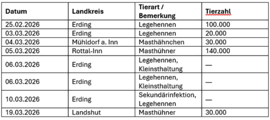 Die Tabelle zeigt die ND–Fälle mit Tierzahl und Landkreis seit Beginn der Ausbrüche in Bayern. Die Anzahl der verendeten Tiere beläuft sich auf 320.000.