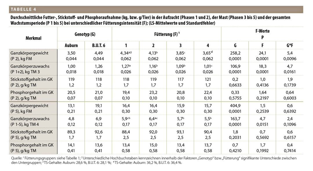 Zwischen den Fütterungsgruppen konnten für diese Merkmale keine statistisch abgesicherten Unterschiede festgestellt werden.