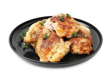 Tasty cooked chicken thighs with thyme isolated on white