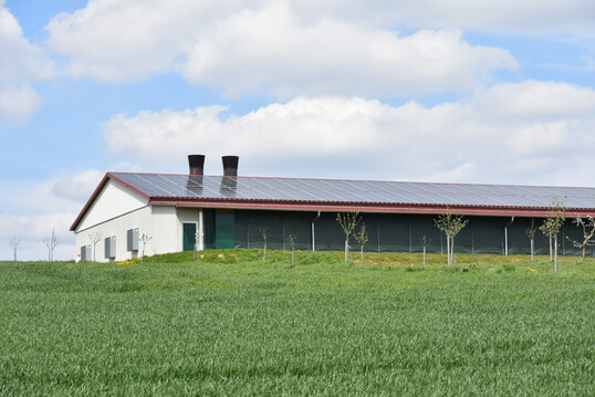 Geflgelstall mit Solaranlage auf dem Dach.