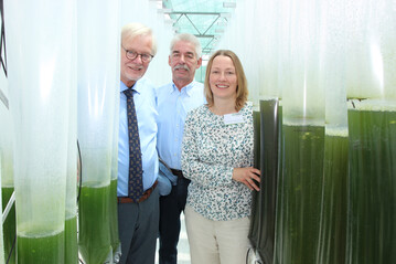 Die Algenproduktion in den Blick nehmen (v. l.) Uwe Bartels, Rudolf Cordes und Prof. Dr. Ilka Maria Axmann.