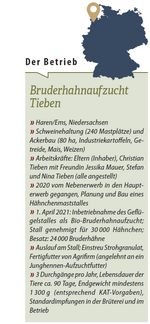 Neben der Bruderhahnaufzucht werden auf dem Betrieb Tieben auch Schweine gemästet und Ackerbau betrieben. Mit der Umstellung vom Neben- in den Haupterwerb hat sich Christian Tieben einen Wunsch erfüllt.