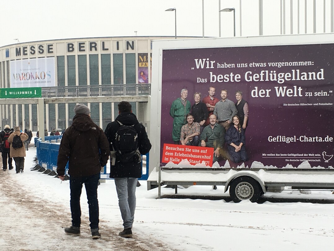 Mehrere hunderttausend Messegste sind in den zehn Messetagen an diesem groformatigen Plakatmotiv zur Geflgel-Charta am Eingang der Grnen Woche vorbeigekommen.