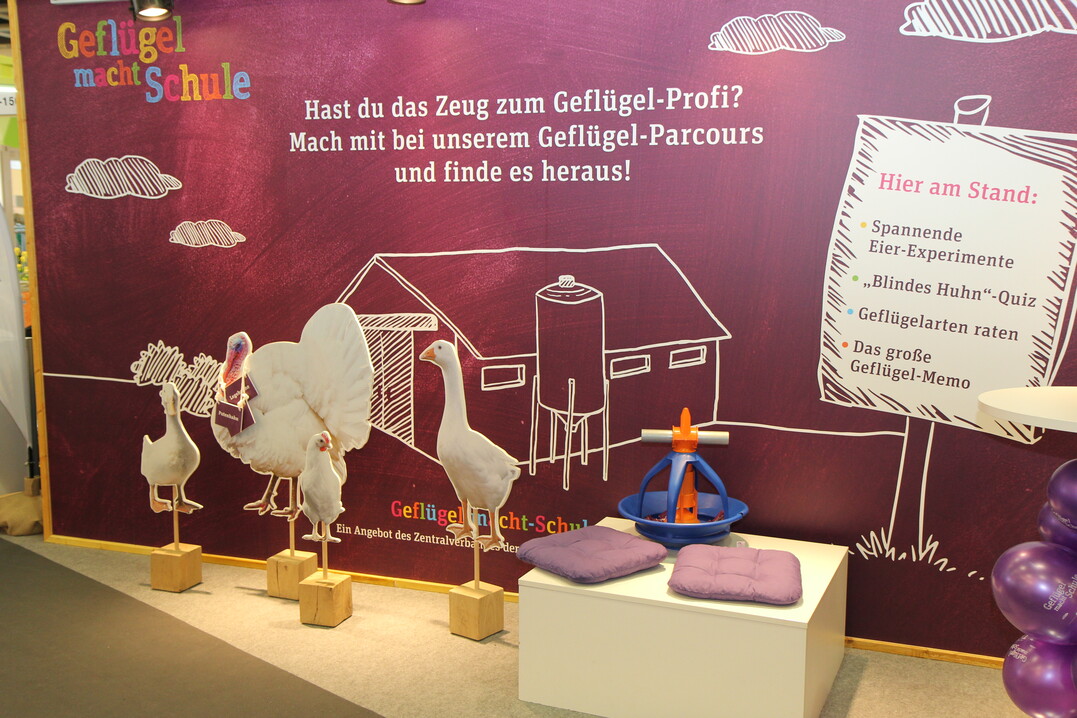 Stand der deutschen Geflügelwirtschaft auf der Grünen Woche in Berlin. Schmerzlich vermisst wurde bis zum Schluss das Masthühnchen im Reigen der in Lebensgröße dargestellten Geflügelarten – was nicht „niet- und nagelfest“ ist, macht sich mitunter „selbstständig“ auf Messen...