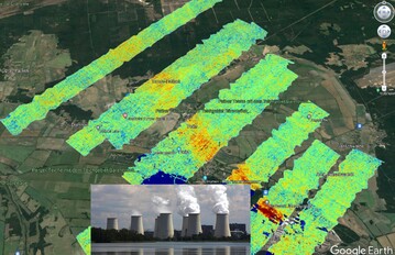 CO2-Abluftfahne des Braunkohlekraftwerks Jnschwalde vom Flugzeug aus aufgenommen im Sommer 2021 mit dem neuen bildgebenden Treibhausgassensor MAMAP2D Light.